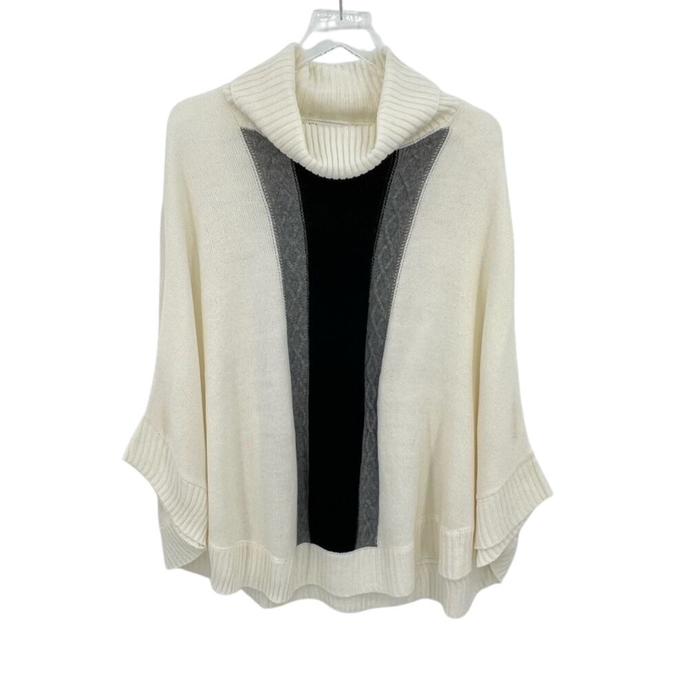 New York & Company turtleneck poncho cable knit colorblock gray cream black S
